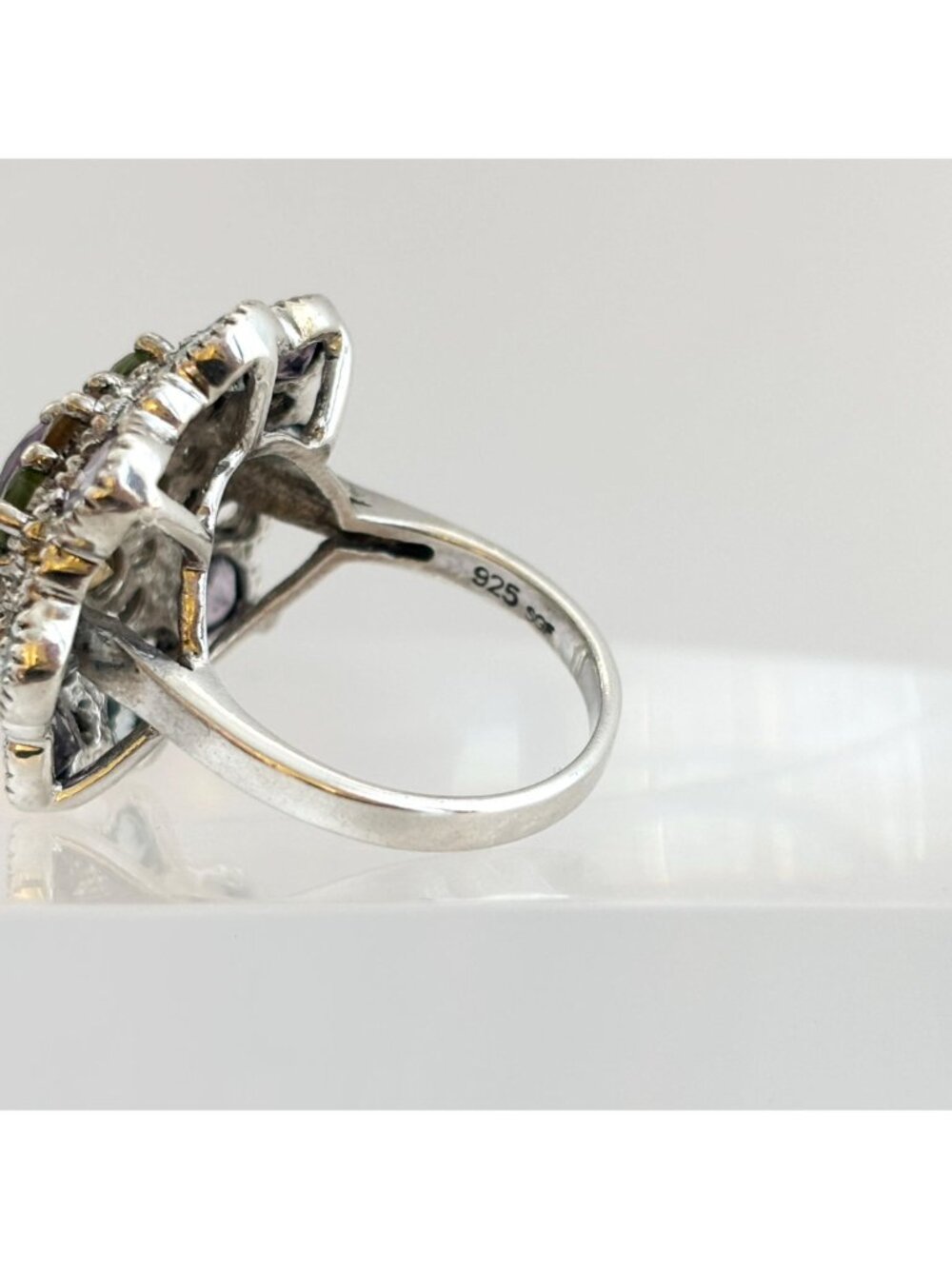 Cluster Rainbow Gemstone Blooming Flower Sterling Silver 925 Vintage Ring - sz 6 - Picture 6 of 16
